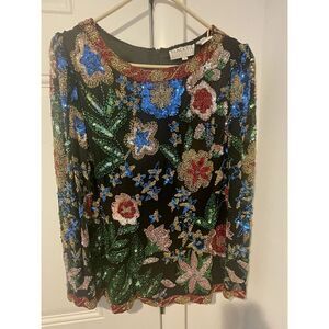 VTG Oleg Cassini Black Tie Beaded Silk Top Flowers Art To Wear Sz‎ M Wow